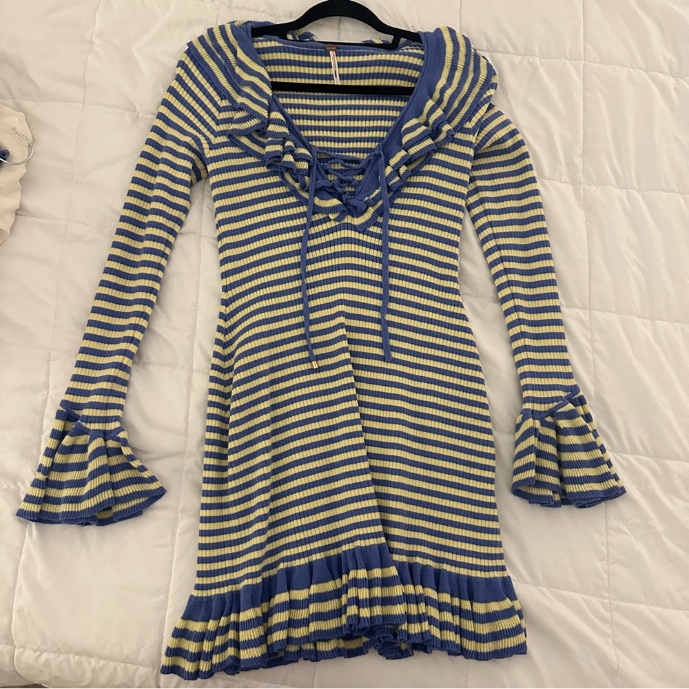Free People Long Sleeve Striped Mini Sweater/Knit Dress with Ruffle Lace Up